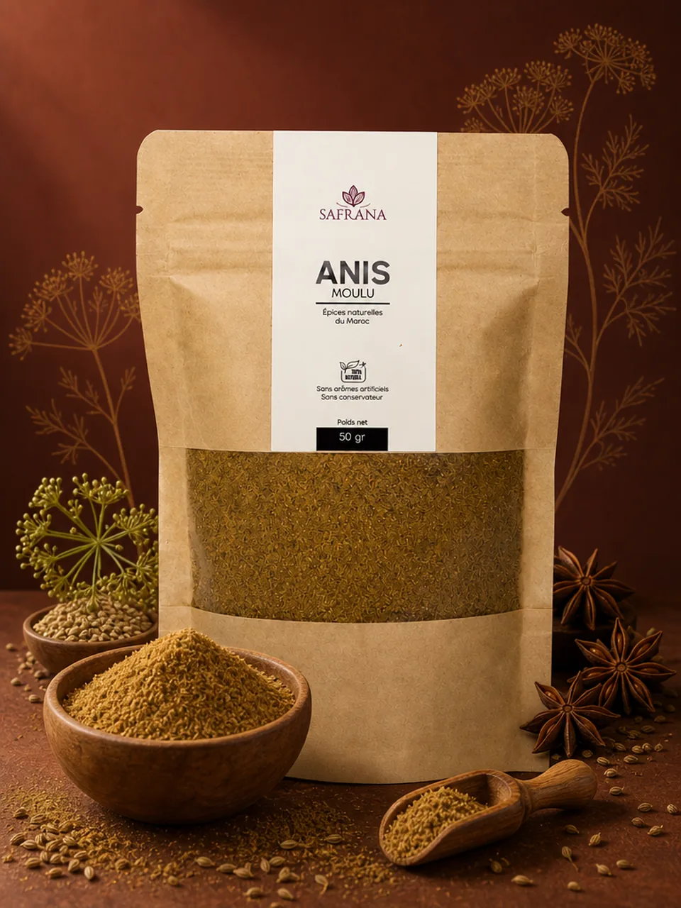 Poudre d'anis moulu beige verdâtre présentée dans un petit bol