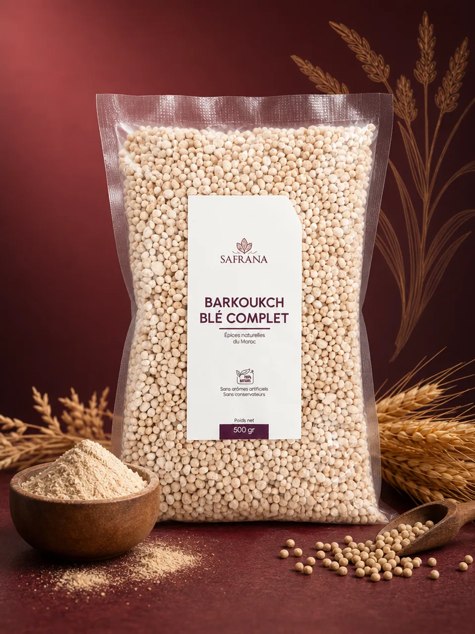 Petites perles de barkoukch au blé complet dorées dans un bol