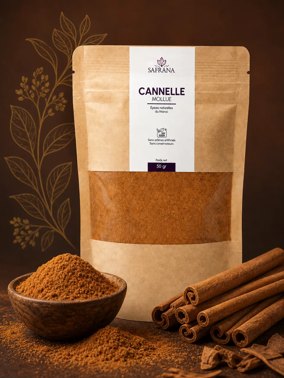 Cannelle moulue en poudre brune dans une coupelle