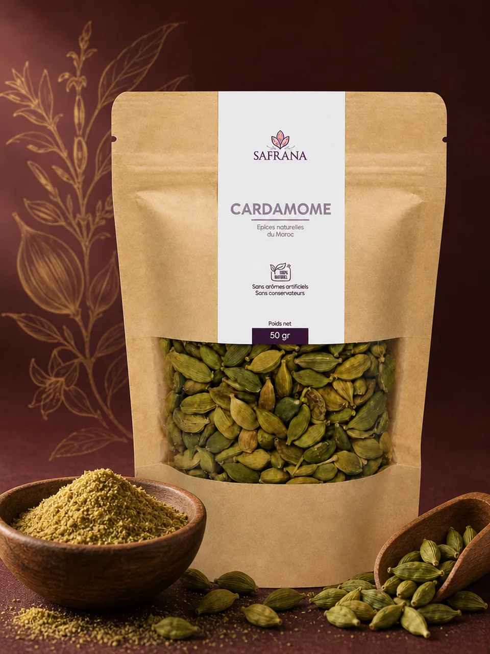 Gousses de cardamome verte entières posées sur fond clair