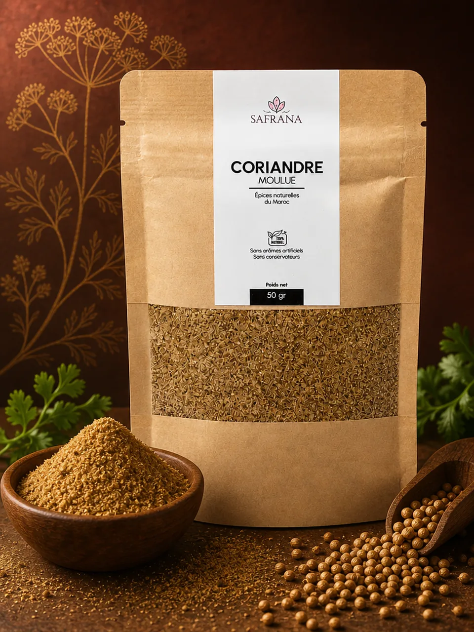 Coriandre moulue en poudre beige doré présentée dans une coupelle