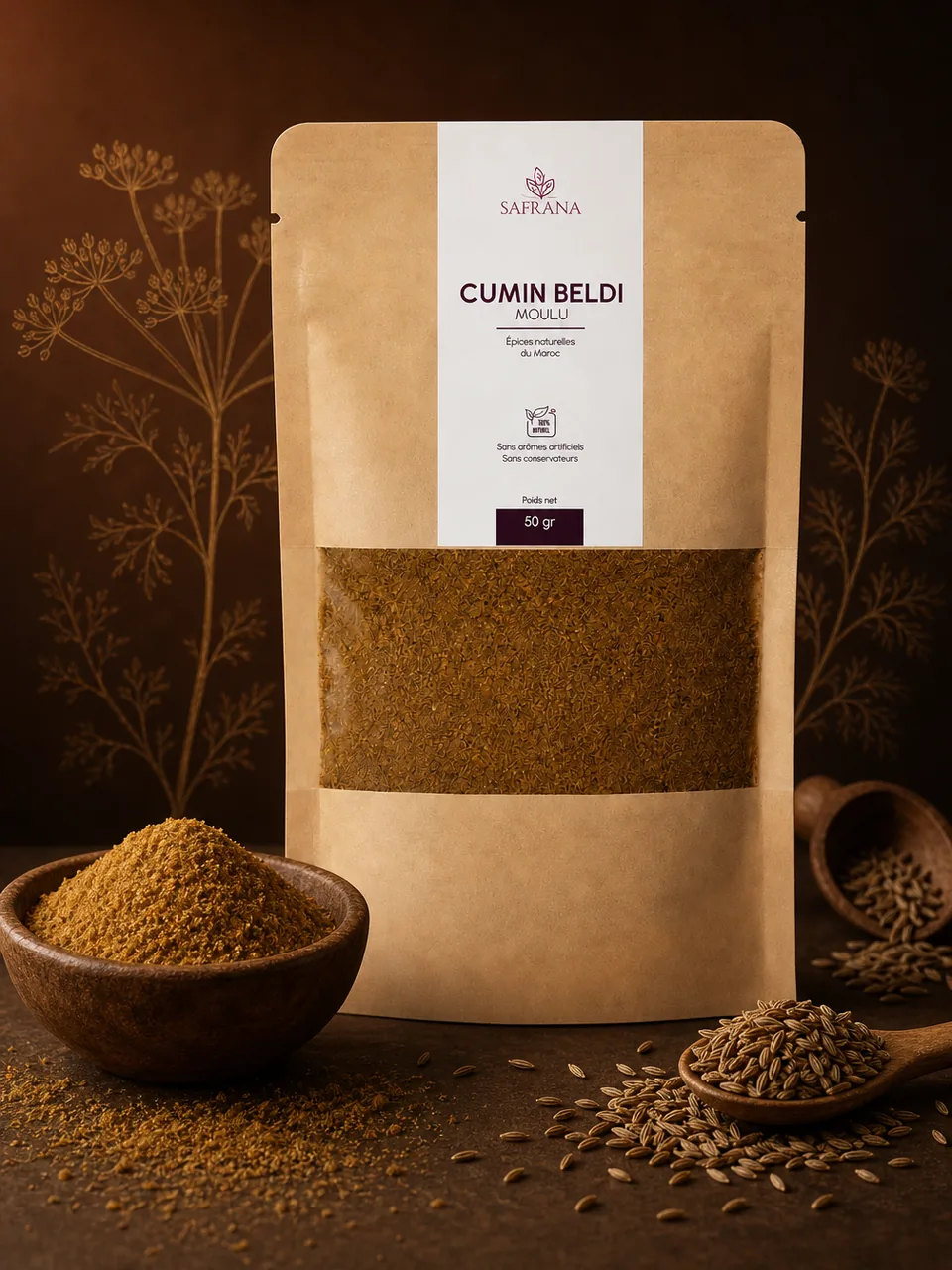 Poudre de cumin beldi moulu de couleur ocre brun dans une coupelle
