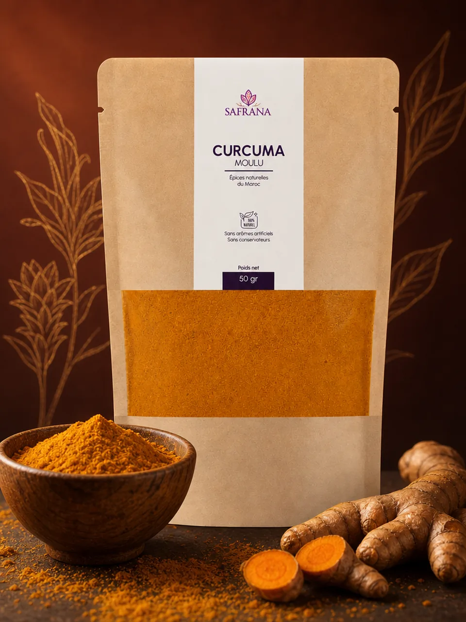 Poudre de curcuma moulu jaune-orangé présentée dans un petit bol