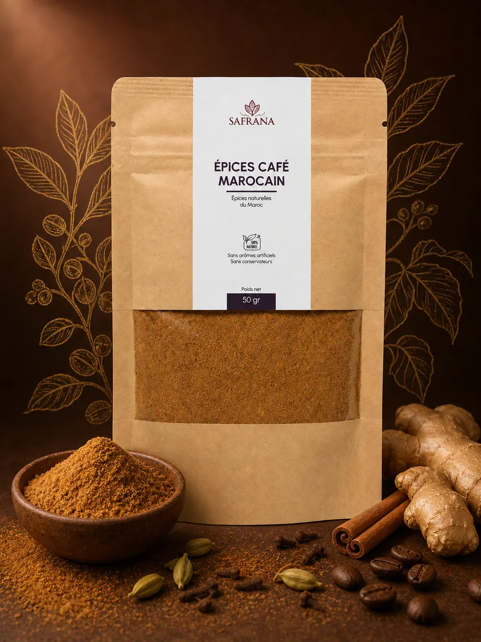 Mélange d'épices café marocain en poudre brune dans un bol