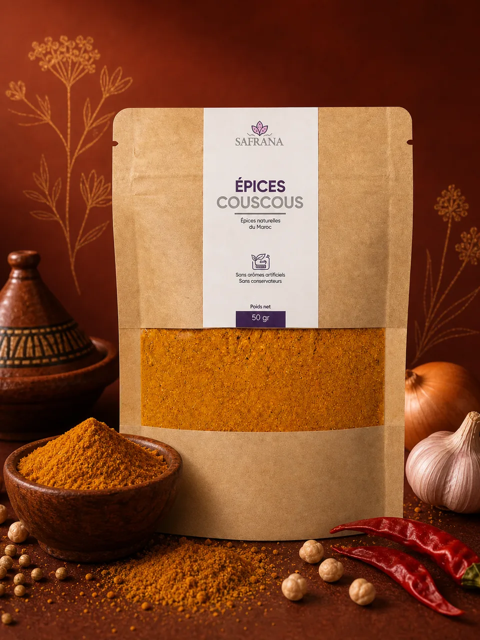 Mélange d'épices à couscous en poudre dorée présenté dans un bol