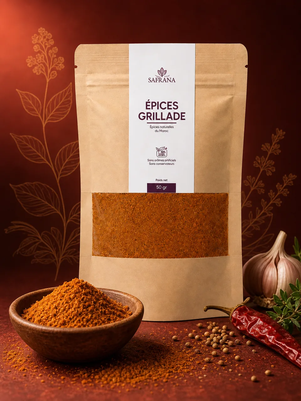 Mélange d'épices grillades en poudre rouge orangé présenté dans une coupelle