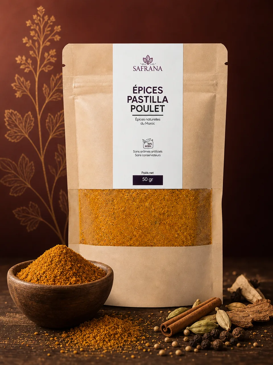 Poudre d'épices ambrée pour pastilla au poulet présentée dans une coupelle