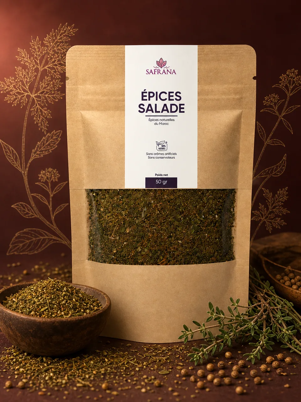 Mélange d'épices en poudre dorée pour salade marocaine dans une coupelle