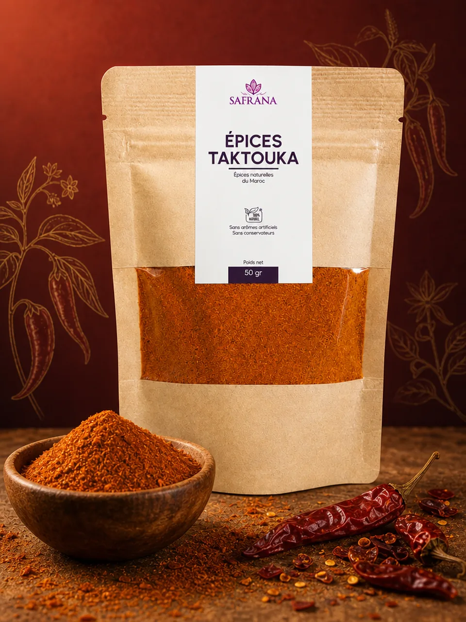 Mélange d'épices Taktouka rouge-orangé moulu dans une coupelle