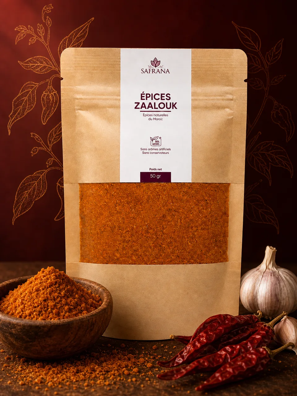 Mélange d'épices Zaalouk en poudre, de couleur rouge orangé
