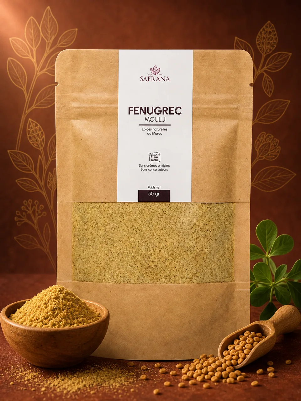 Poudre de fenugrec moulu de couleur ocre dans un bol