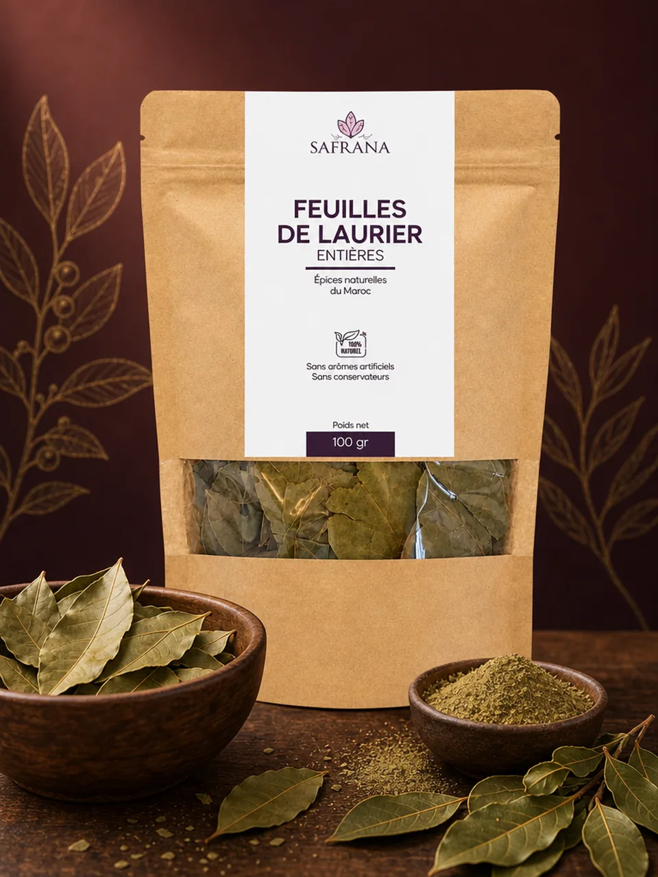 Feuilles de laurier entières séchées de couleur vert-de-gris