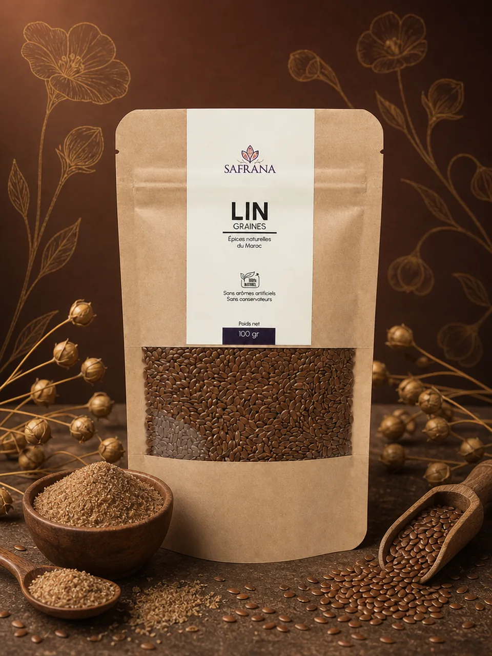 Tas de graines de lin dorées dans un bol