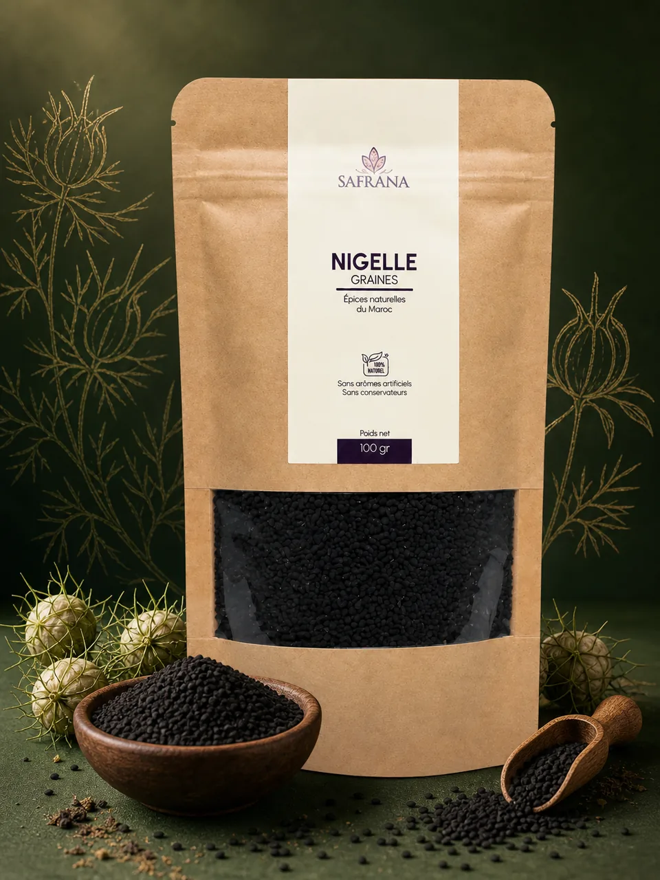 Petit tas de graines de nigelle noires dans une coupelle