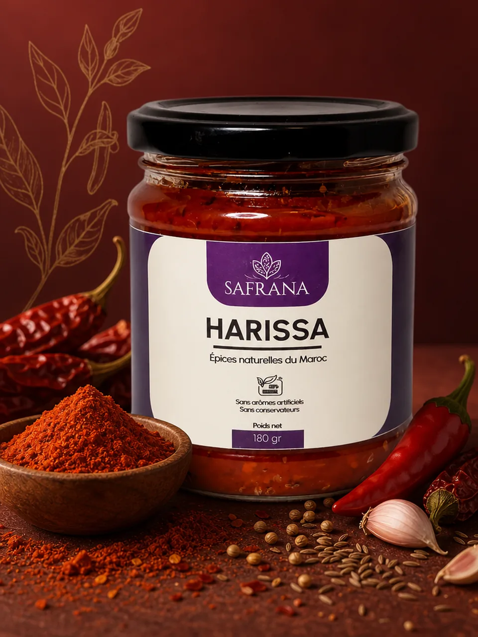 Pot d'harissa marocaine, pâte de piment rouge épaisse