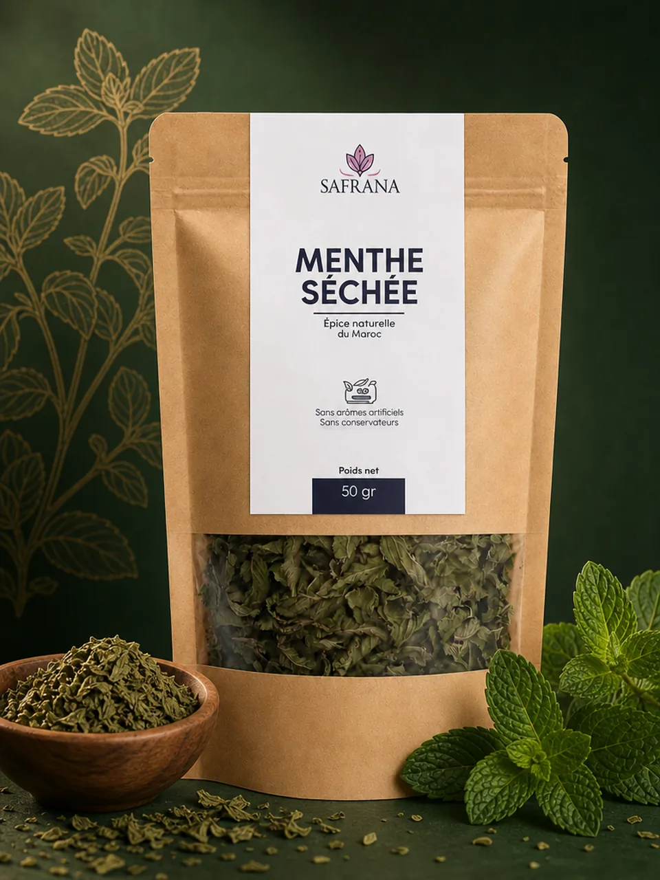 Feuilles de menthe séchée vert foncé dans un bol