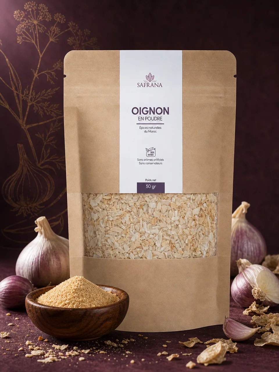 Poudre d'oignon fine de couleur beige clair dans une coupelle