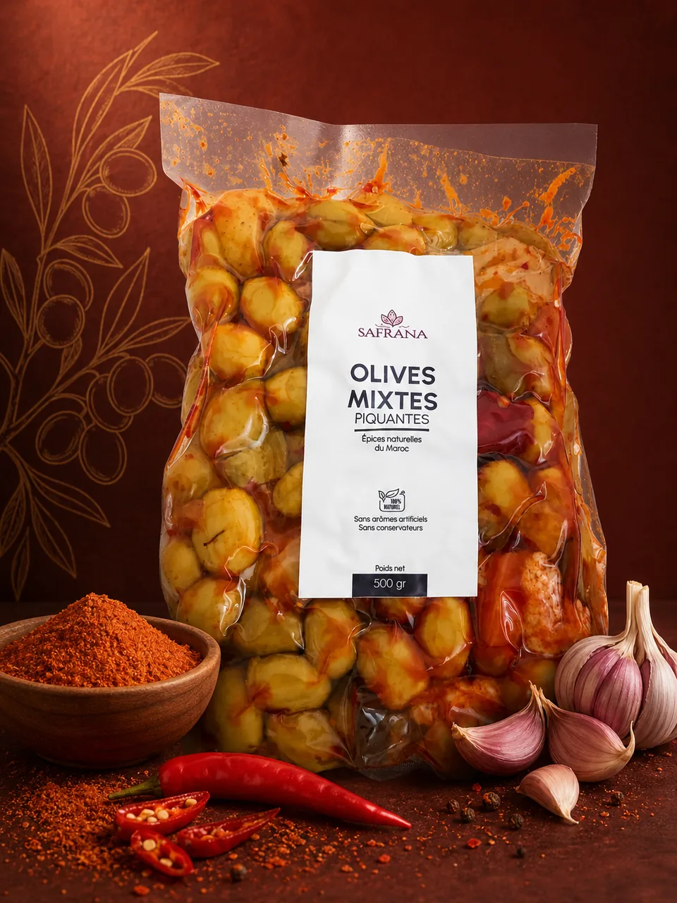 Assortiment d'olives vertes, violettes et noires marinées aux épices dans un bol
