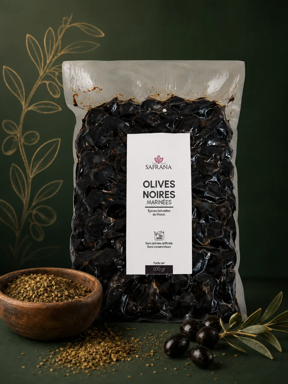 Olives noires marinées luisantes présentées dans un petit bol