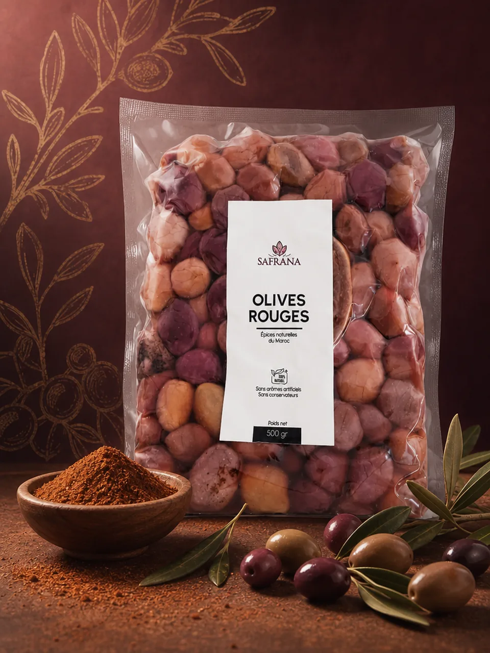 Olives rouges marocaines à la teinte cuivrée présentées dans une coupelle