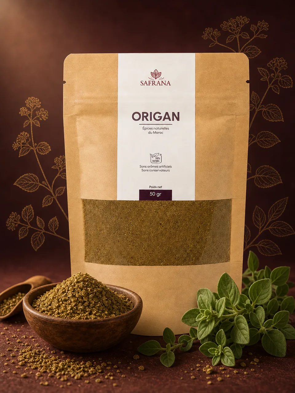 Origan moulu en poudre vert grisé dans une coupelle