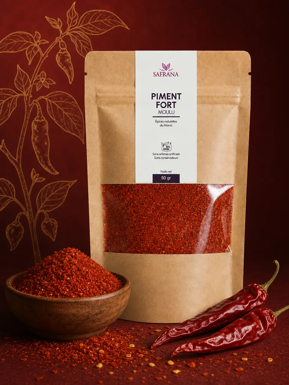 Poudre de piment fort rouge moulu présentée dans une coupelle