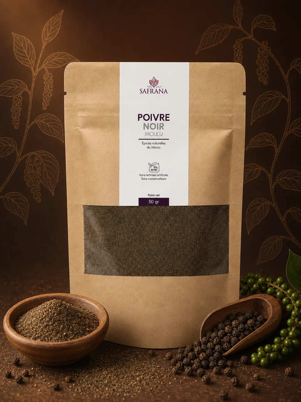 Poivre noir finement moulu de couleur brun foncé dans une coupelle