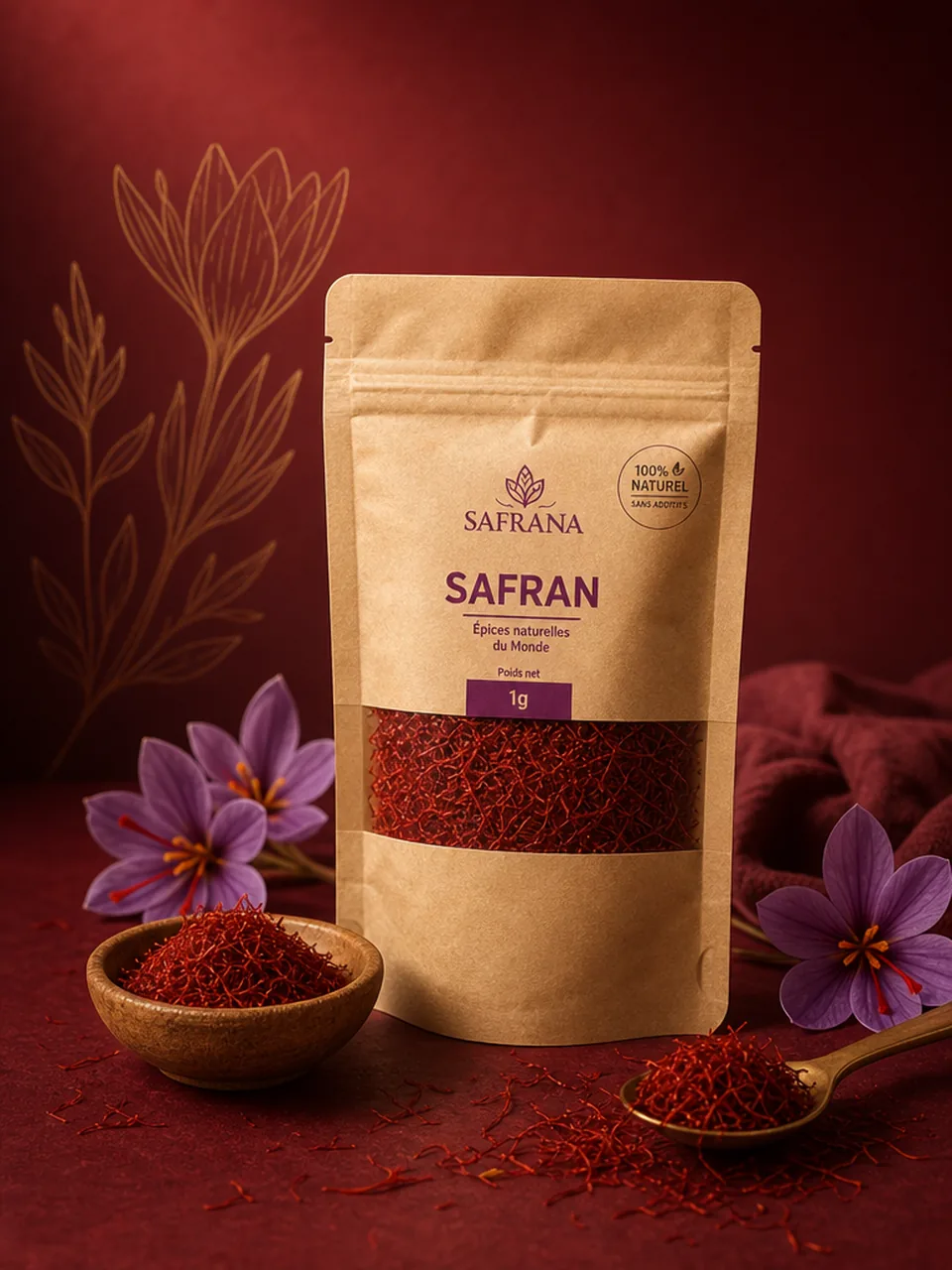 Filaments de safran rouge de Taliouine présentés en coupelle
