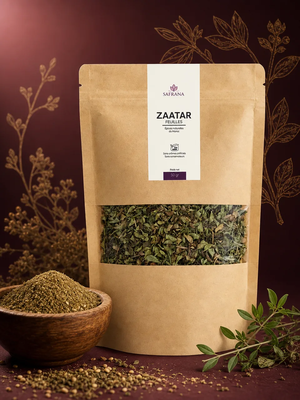 Feuilles de zaatar séchées entières vert grisâtre présentées en tas