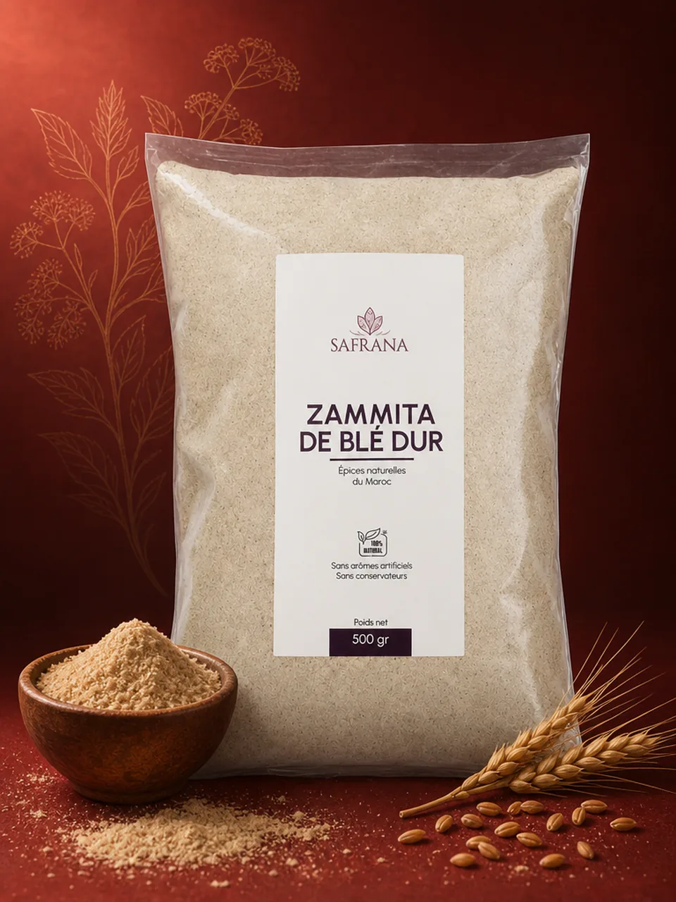 Poudre de zammita de blé dur de couleur dorée présentée dans un bol
